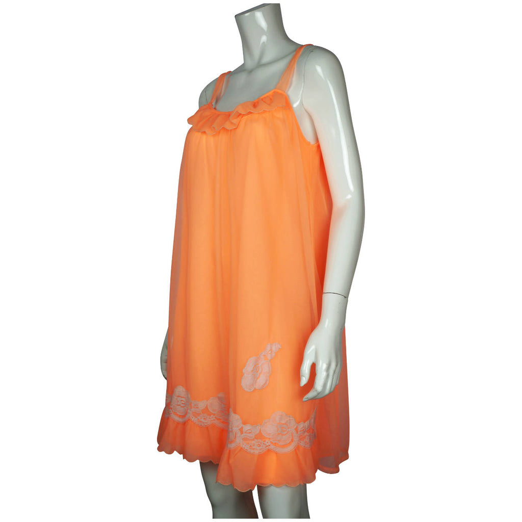 Vintage Nightie Peignoir Set Bright Orange Sheer Nylon by Louis Jean 1960s Size M - Poppy's Vintage Clothing