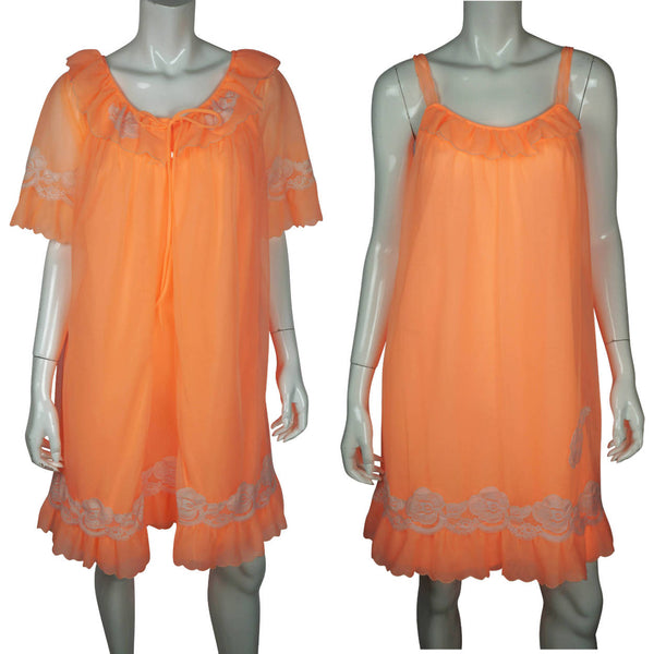 Vintage Nightie Peignoir Set Bright Orange Sheer Nylon by Louis Jean 1960s Size M - Poppy's Vintage Clothing