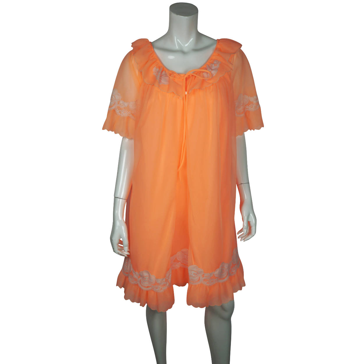 Vintage Nightie Peignoir Set Bright Orange Sheer Nylon by Louis Jean 1960s Size M - Poppy's Vintage Clothing
