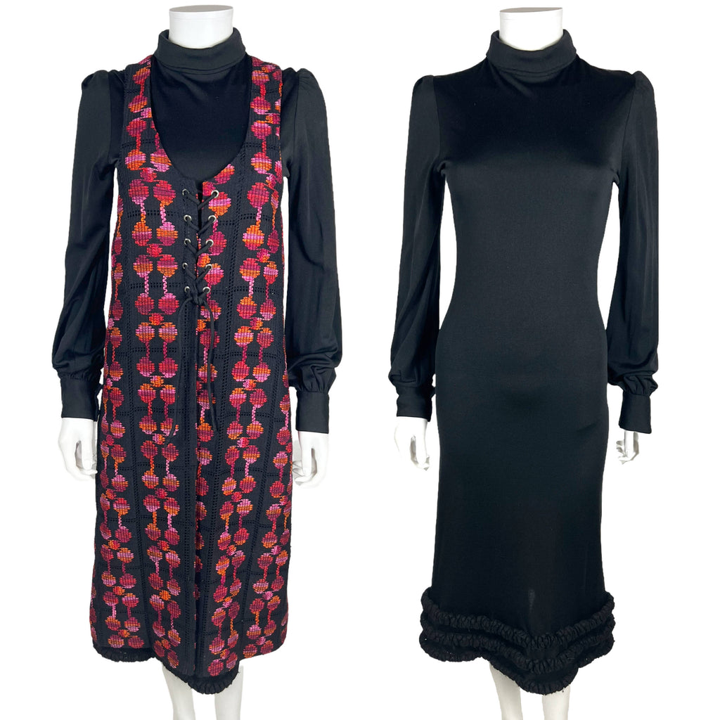 Vintage 1970s Black Dress with Long Vest Luv Inc Elvia Sz M
