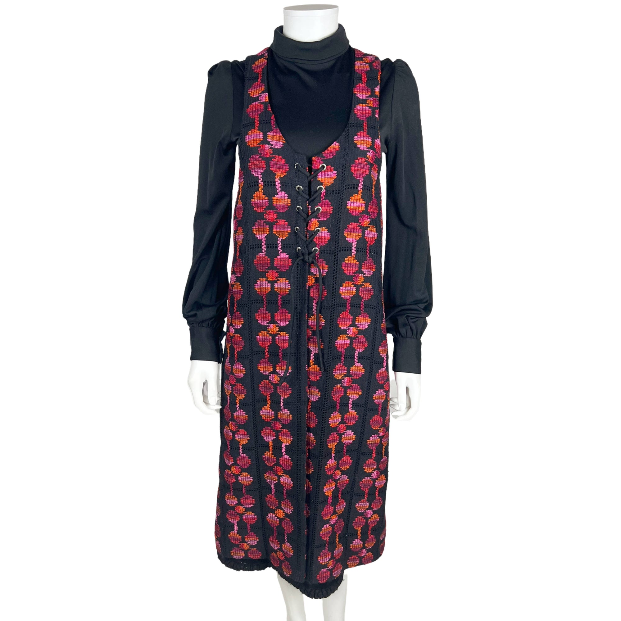 Vintage 1970s Black Dress with Long Vest Luv Inc Elvia Sz M