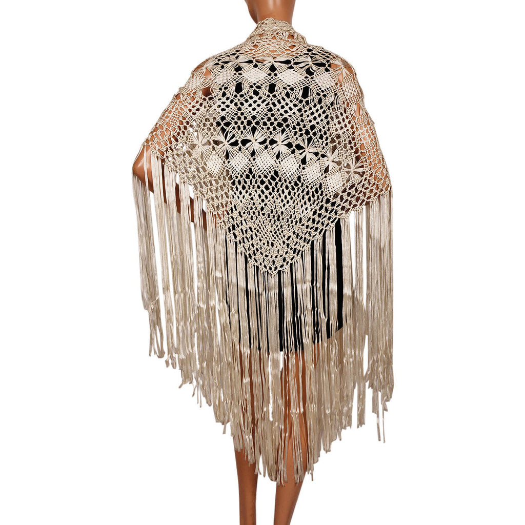 Vintage Macrame Ribbon Lace Shawl Hand Knotted Wrap - Poppy's Vintage Clothing