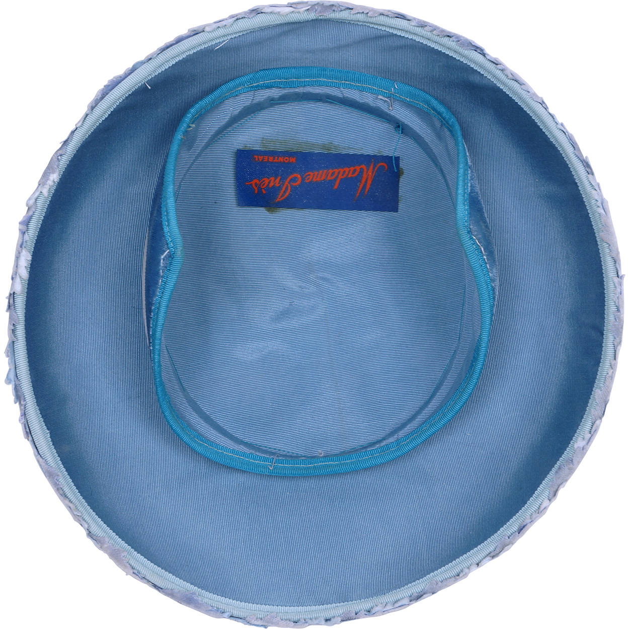 Vintage 1950s Saucer Hat Blue Velvet w Leaves &amp; Rhinestones Madame Ines Montreal - Poppy's Vintage Clothing