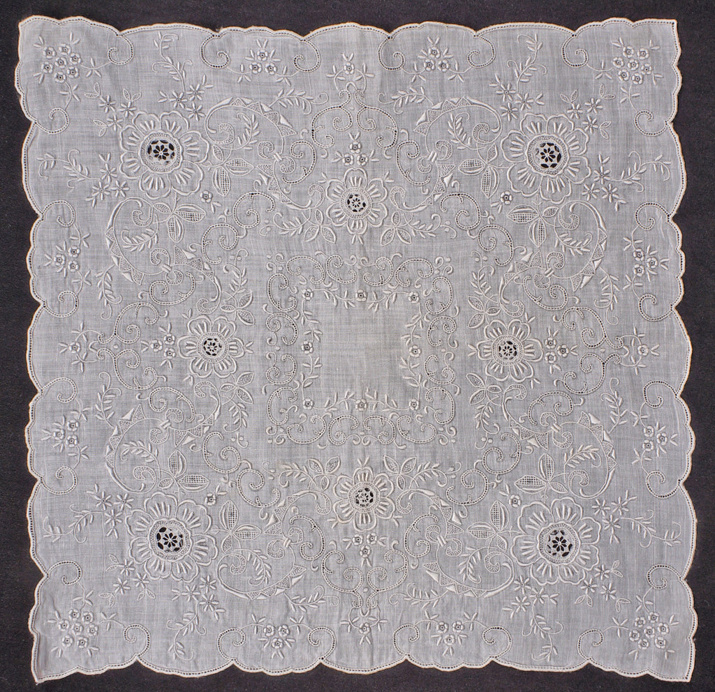 Vintage Madeira Embroidery Bridal Handkerchief Linen Hankie with Lace Insetting and Pullwork - Poppy's Vintage Clothing