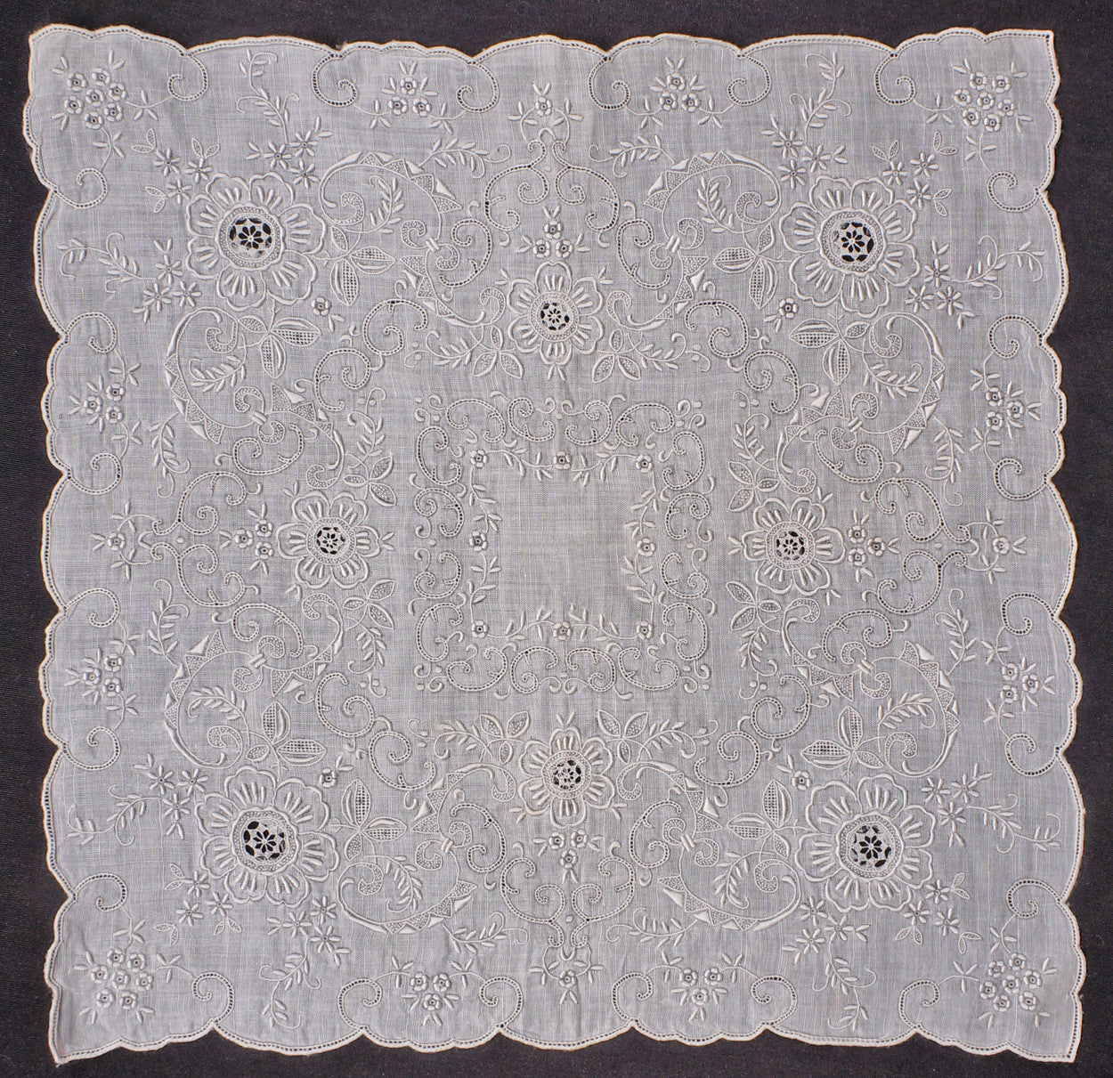 Vintage Madeira Embroidery Bridal Handkerchief Linen Hankie with Lace Insetting and Pullwork - Poppy's Vintage Clothing