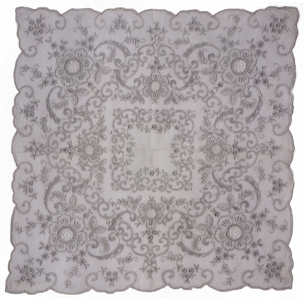 Vintage Madeira Embroidery Bridal Handkerchief Linen Hankie with Lace Insetting and Pullwork - Poppy's Vintage Clothing