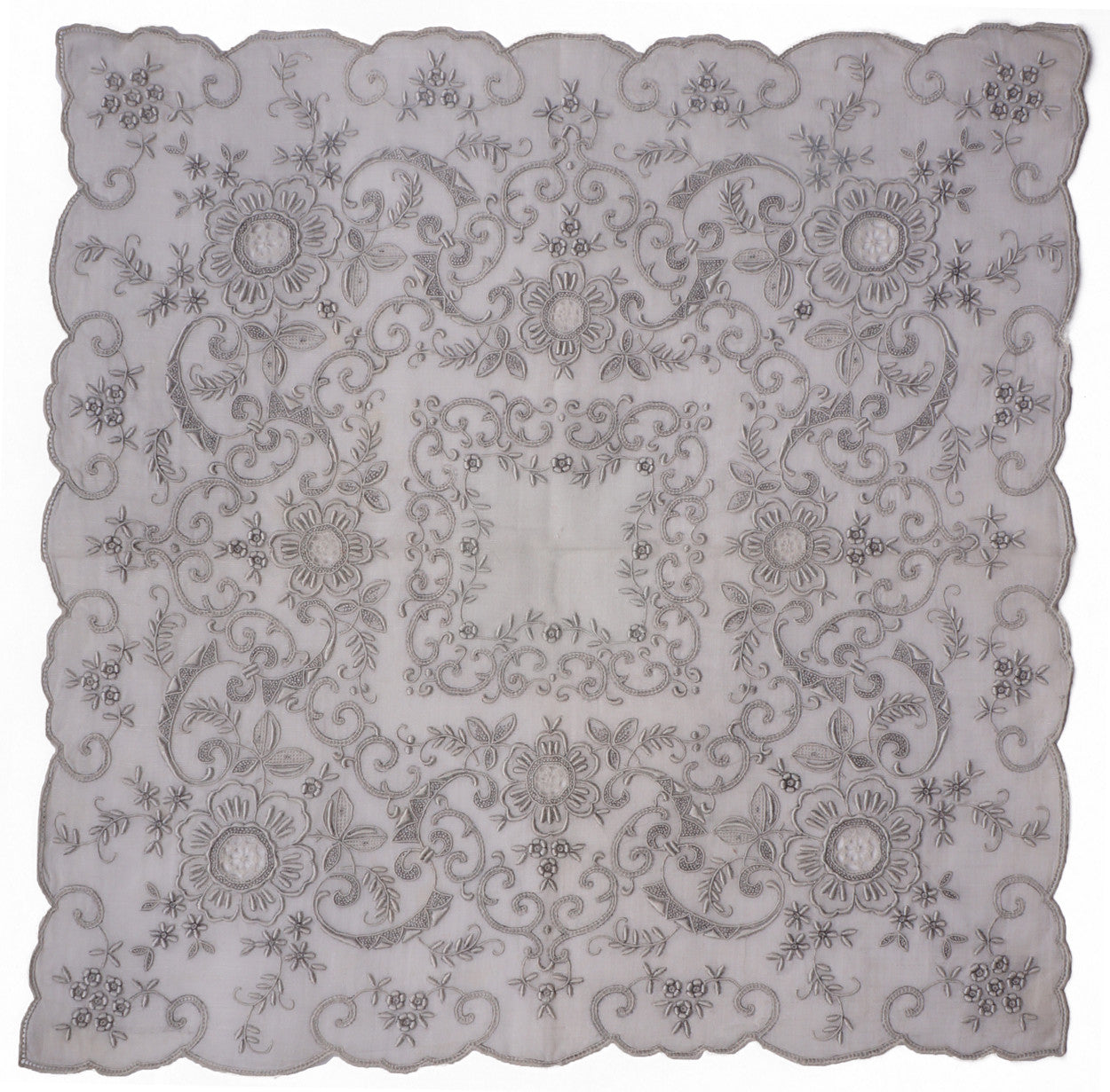 Vintage Madeira Embroidery Bridal Handkerchief Linen Hankie with Lace Insetting and Pullwork - Poppy's Vintage Clothing