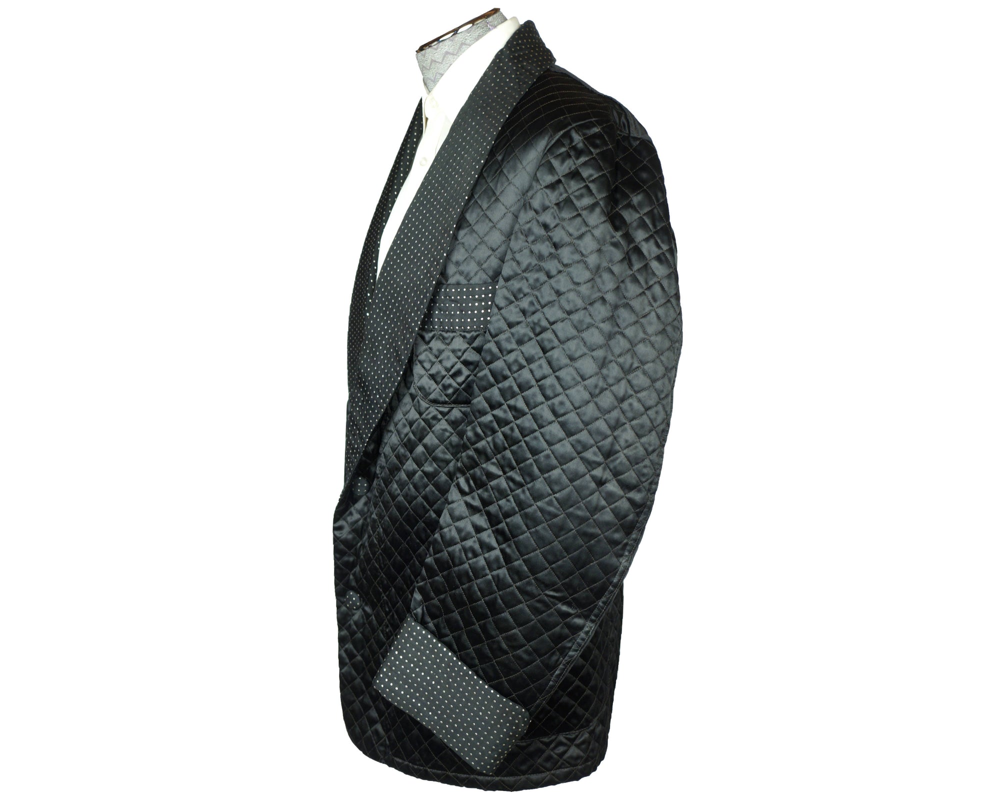 Vintage Smoking Jacket 1950s Black Satin Quilted Mens Size L - Poppy's Vintage Clothing