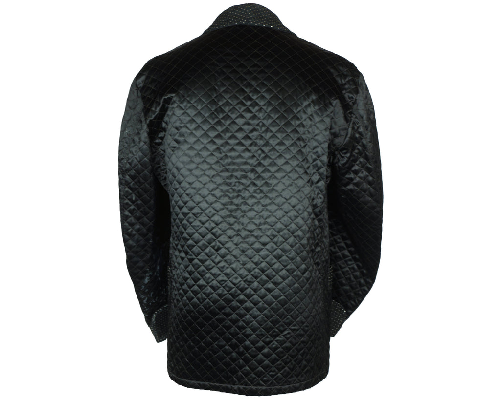 Vintage Smoking Jacket 1950s Black Satin Quilted Mens Size L - Poppy's Vintage Clothing