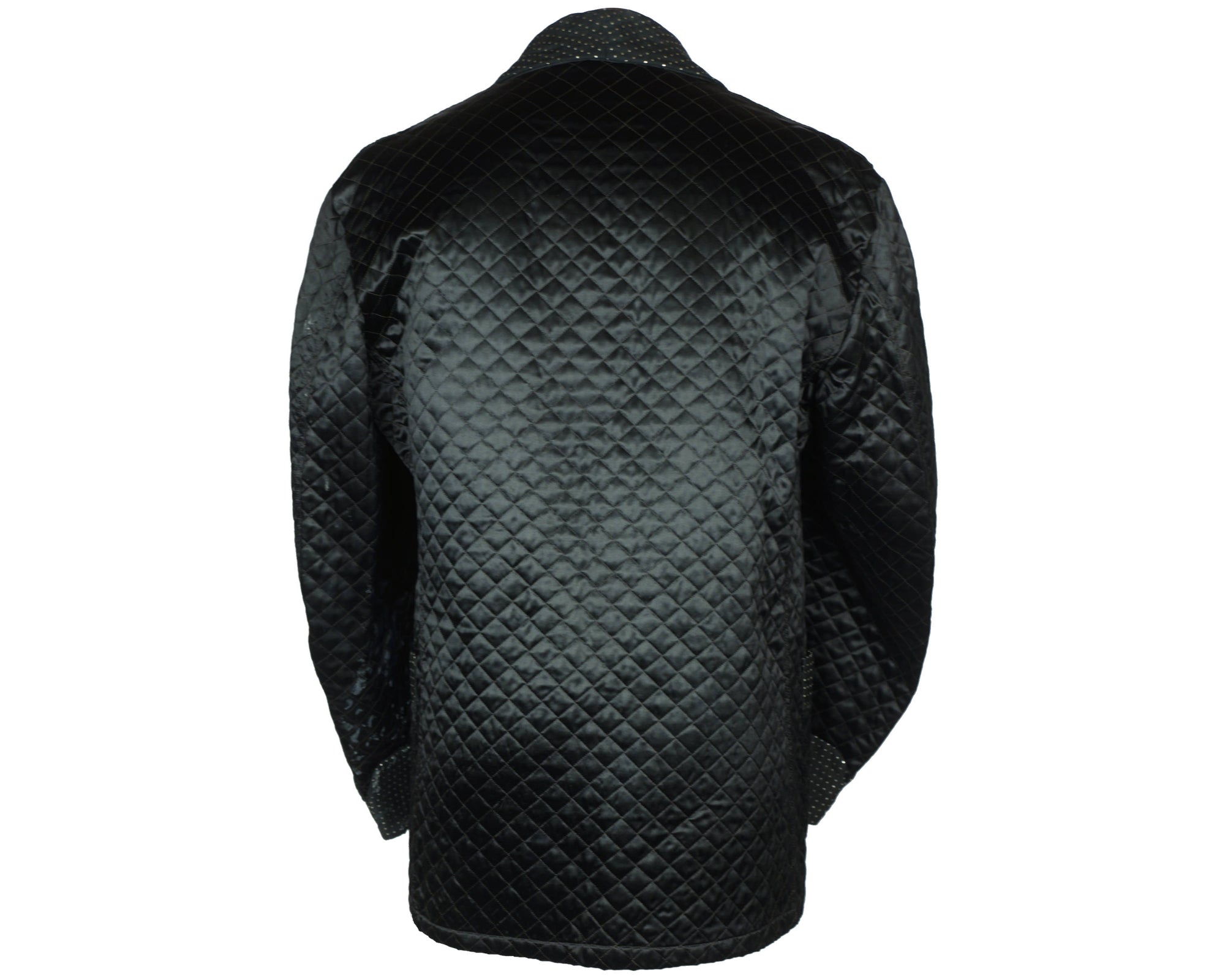 Vintage Smoking Jacket 1950s Black Satin Quilted Mens Size L - Poppy's Vintage Clothing
