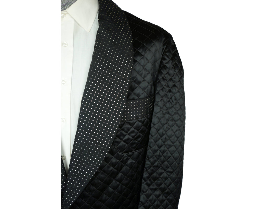 Vintage Smoking Jacket 1950s Black Satin Quilted Mens Size L - Poppy's Vintage Clothing