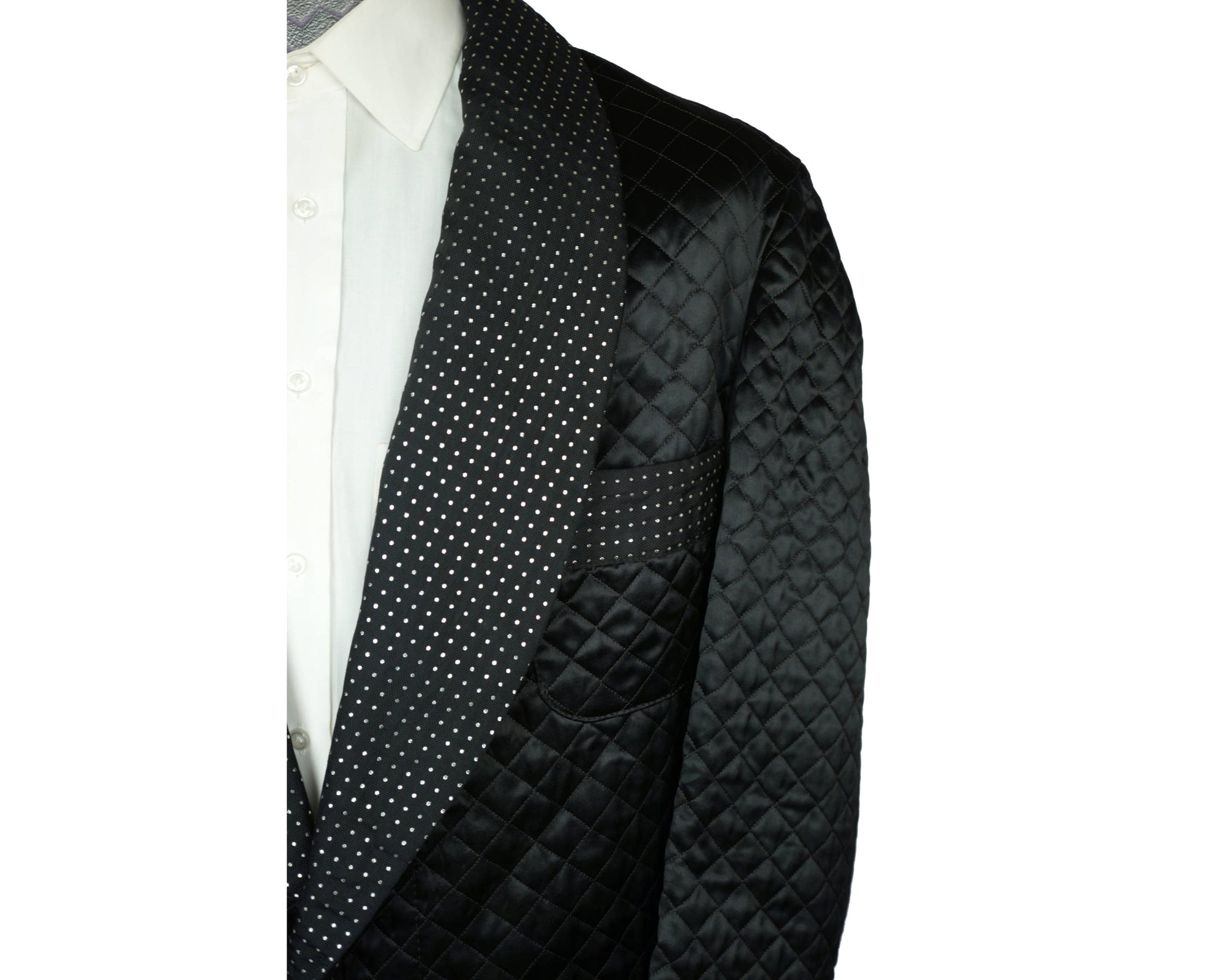 Vintage Smoking Jacket 1950s Black Satin Quilted Mens Size L - Poppy's Vintage Clothing