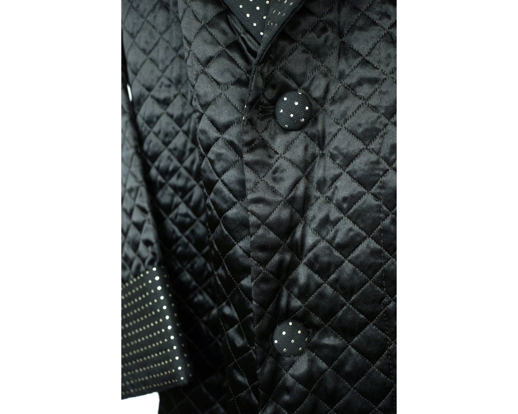 Vintage Smoking Jacket 1950s Black Satin Quilted Mens Size L - Poppy's Vintage Clothing