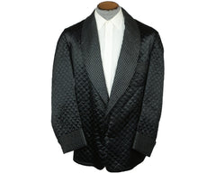 Vintage Smoking Jacket 1950s Black Satin Quilted Mens Size L - Poppy's Vintage Clothing