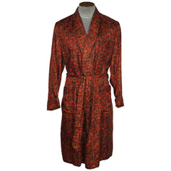 Vintage Mens Dressing Gown Lounging Robe Red Brown Black 1950s Majestic Medium - Poppy's Vintage Clothing
