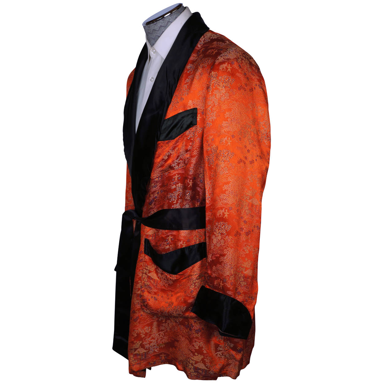 Vintage 50s Mens Smoking Jacket Red Satin Asian Pattern Sz S - Poppy's Vintage Clothing