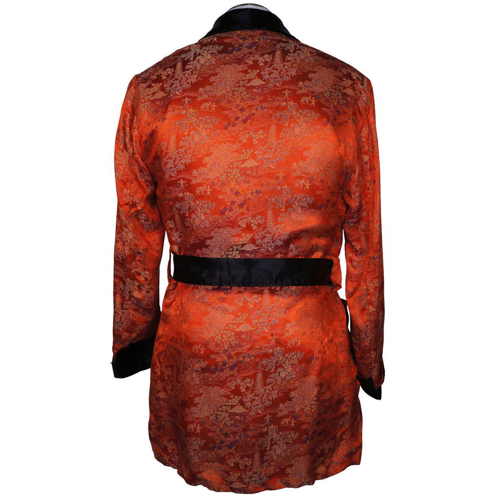 Vintage 50s Mens Smoking Jacket Red Satin Asian Pattern Sz S - Poppy's Vintage Clothing