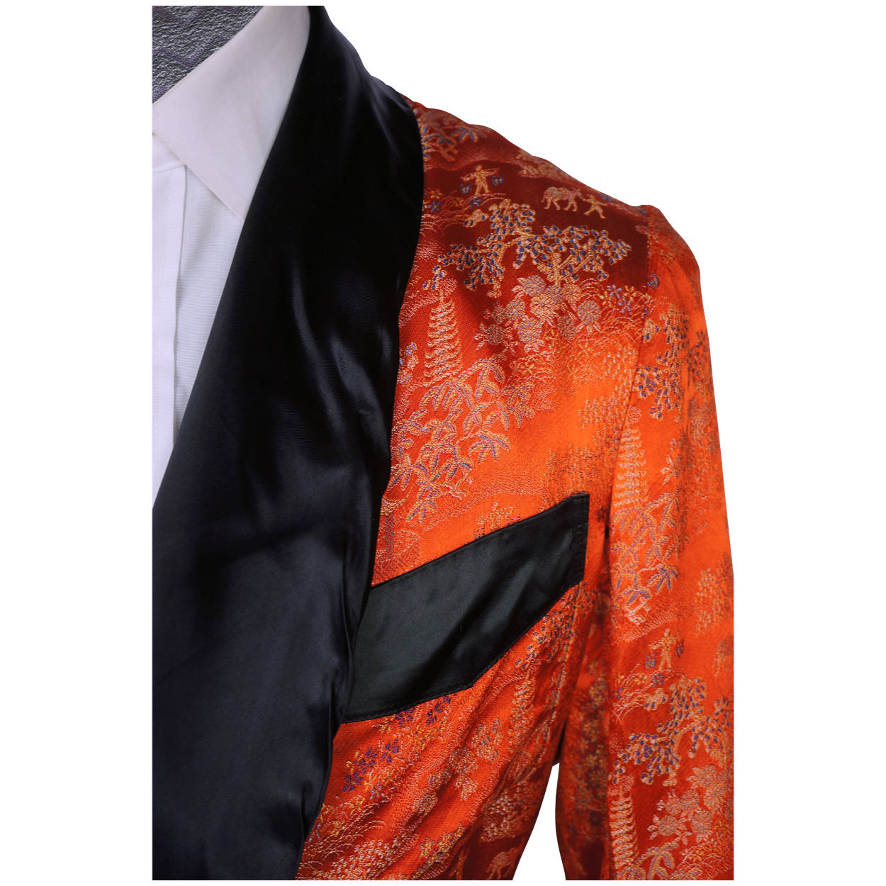 Vintage 50s Mens Smoking Jacket Red Satin Asian Pattern Sz S - Poppy's Vintage Clothing