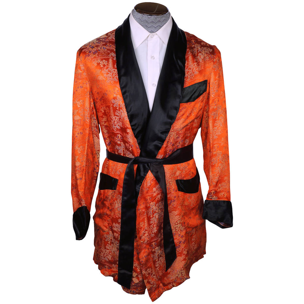 Vintage 50s Mens Smoking Jacket Red Satin Asian Pattern Sz S - Poppy's Vintage Clothing