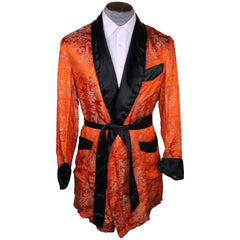 Vintage 50s Mens Smoking Jacket Red Satin Asian Pattern Sz S - Poppy's Vintage Clothing
