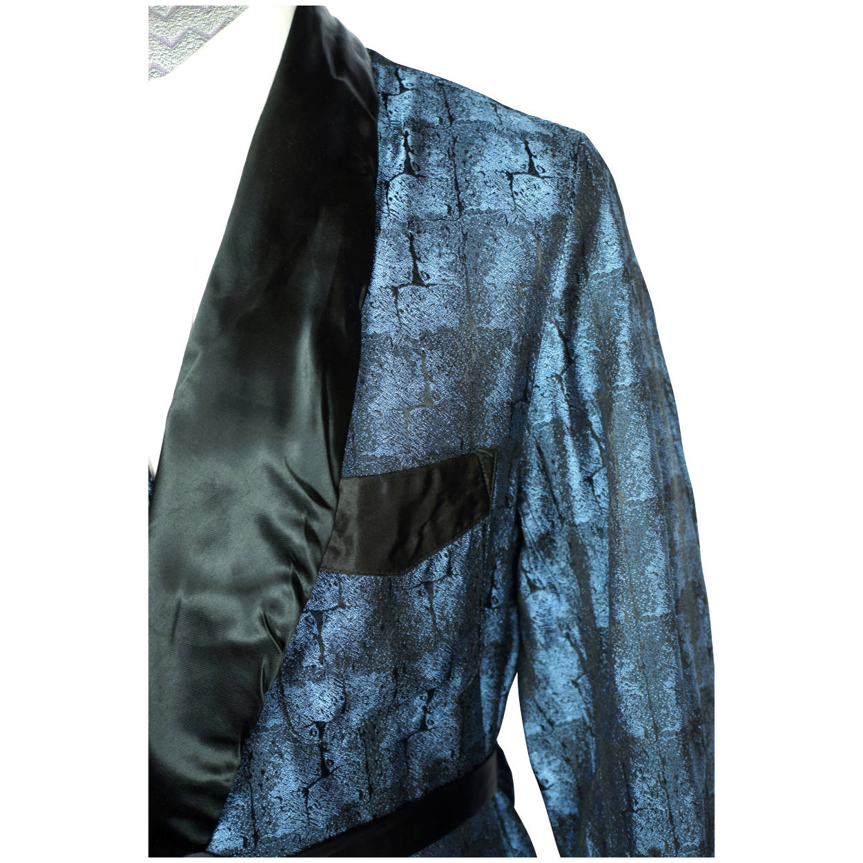 Vintage 60s Mens Dressing Gown Shiny Blue Black Size M - Poppy's Vintage Clothing
