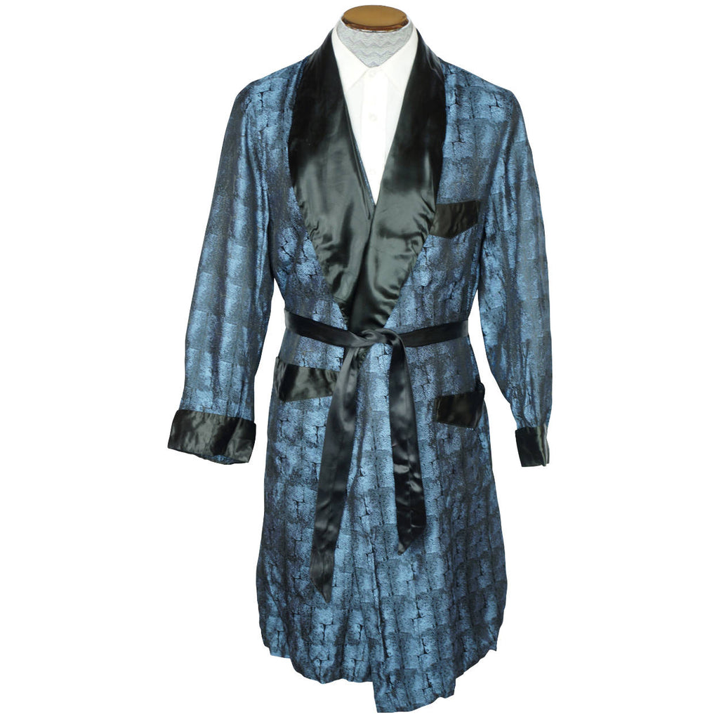 Vintage 60s Mens Dressing Gown Shiny Blue Black Size M - Poppy's Vintage Clothing