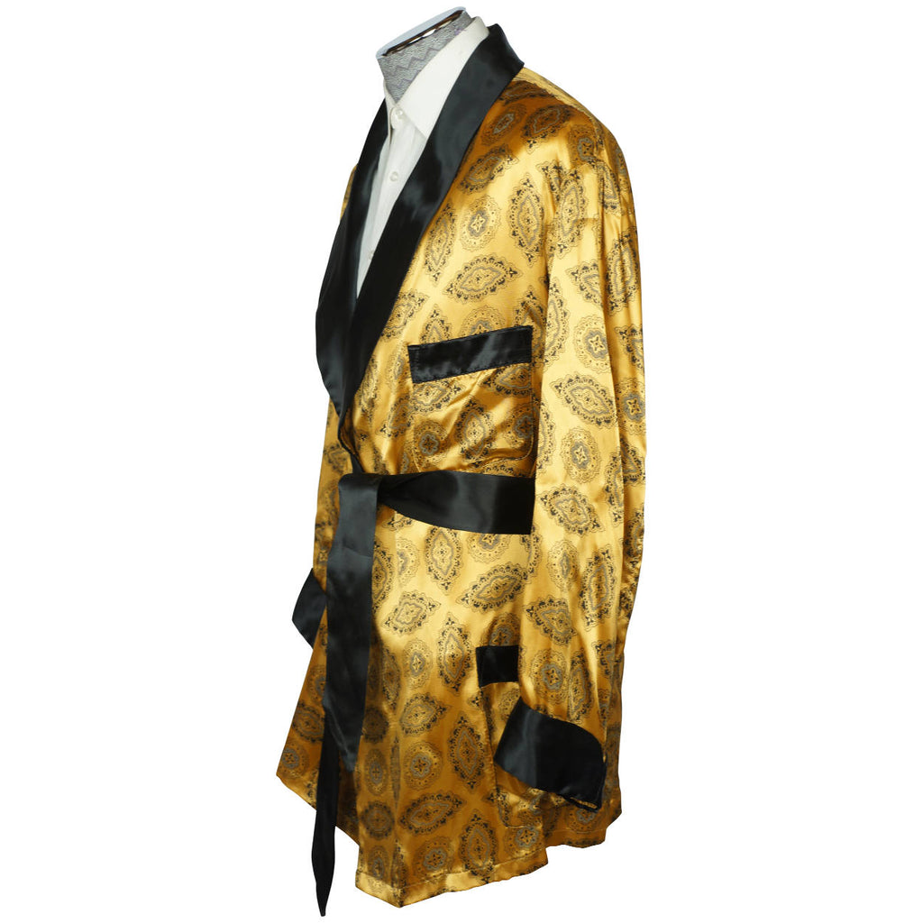 Vintage 60s Smoking Jacket Men XL Gold & Black Lounging Robe - Poppy's Vintage Clothing