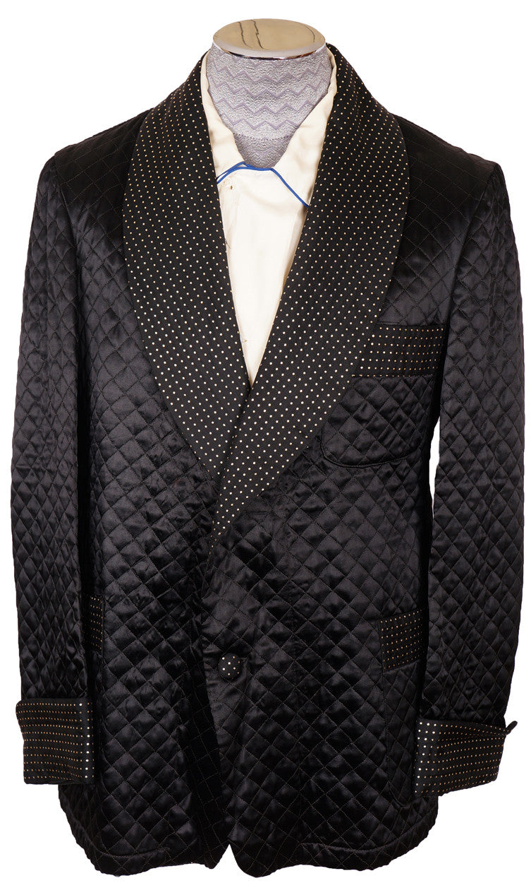Vintage 50s Black Satin Quilted Smoking Jacket with Gold Flecks Mens Size M - Poppy's Vintage Clothing