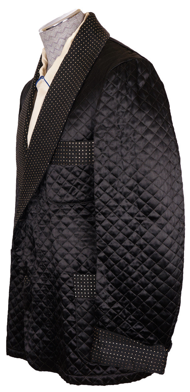 Vintage 50s Black Satin Quilted Smoking Jacket with Gold Flecks Mens Size M - Poppy's Vintage Clothing