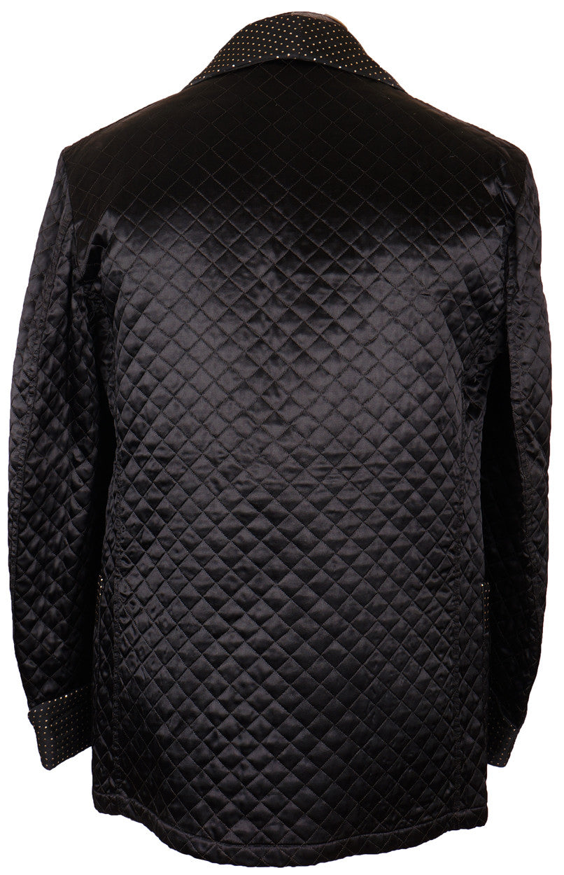 Vintage 50s Black Satin Quilted Smoking Jacket with Gold Flecks Mens Size M - Poppy's Vintage Clothing