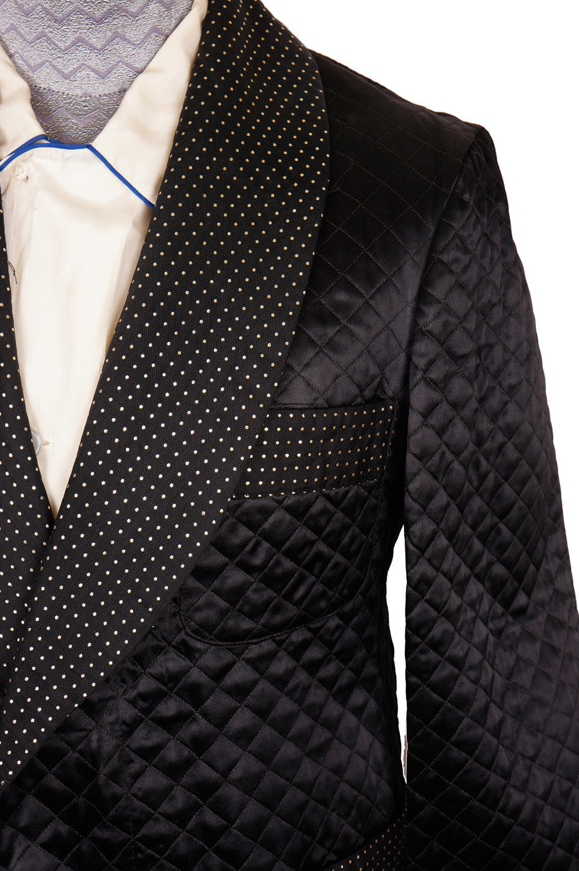 Vintage 50s Black Satin Quilted Smoking Jacket with Gold Flecks Mens Size M - Poppy's Vintage Clothing