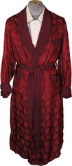 Vintage 50s Mens Dressing Gown Red Satin Leaf Pattern Lounging Robe Size M - Poppy's Vintage Clothing