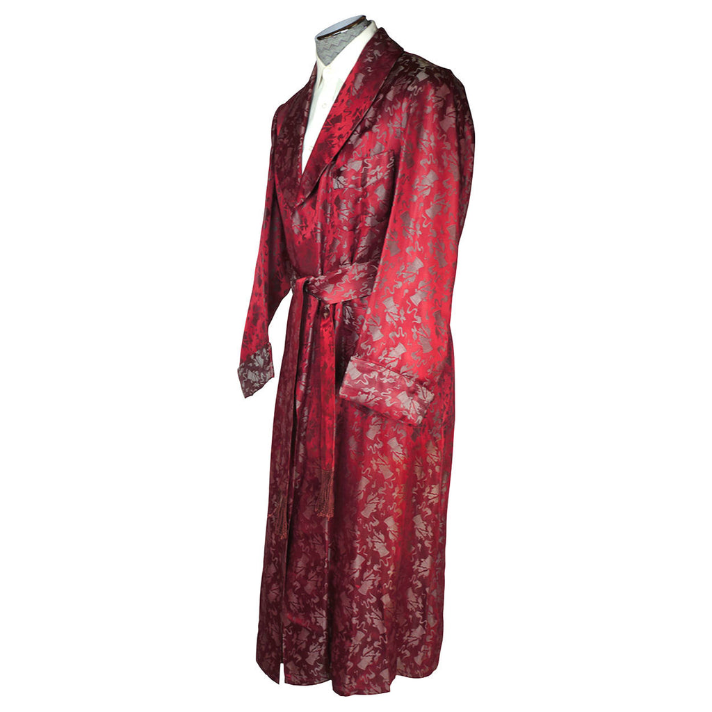 Vintage 1930s 40s Dressing Gown Sherlock Holmes Smoking Pipe Red Satin Mens M L - Poppy's Vintage Clothing