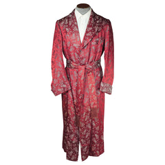 Vintage 1930s 40s Dressing Gown Sherlock Holmes Smoking Pipe Red Satin Mens M L - Poppy's Vintage Clothing