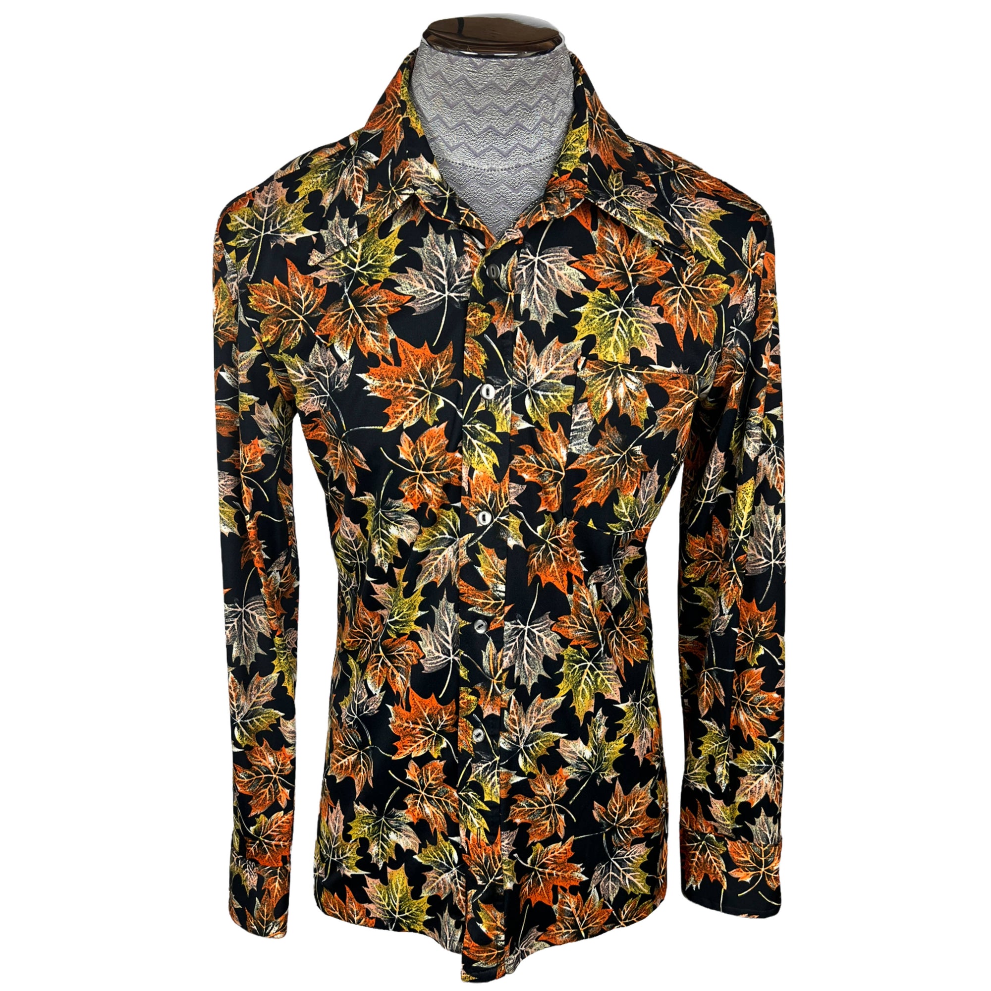 Vintage 1970s Disco Shirt Polyester Maple Leaf Pattern Sz XL