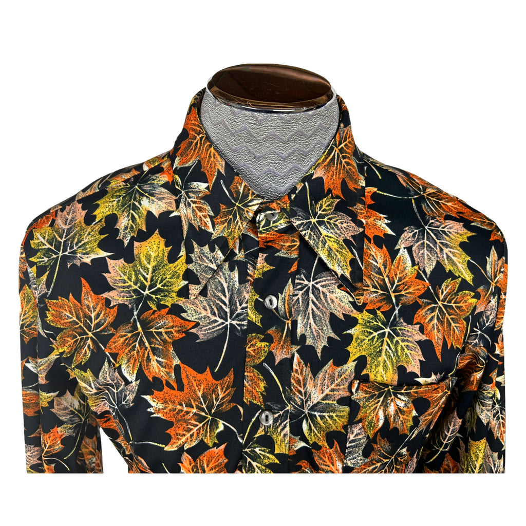 Vintage 1970s Disco Shirt Polyester Maple Leaf Pattern Sz XL