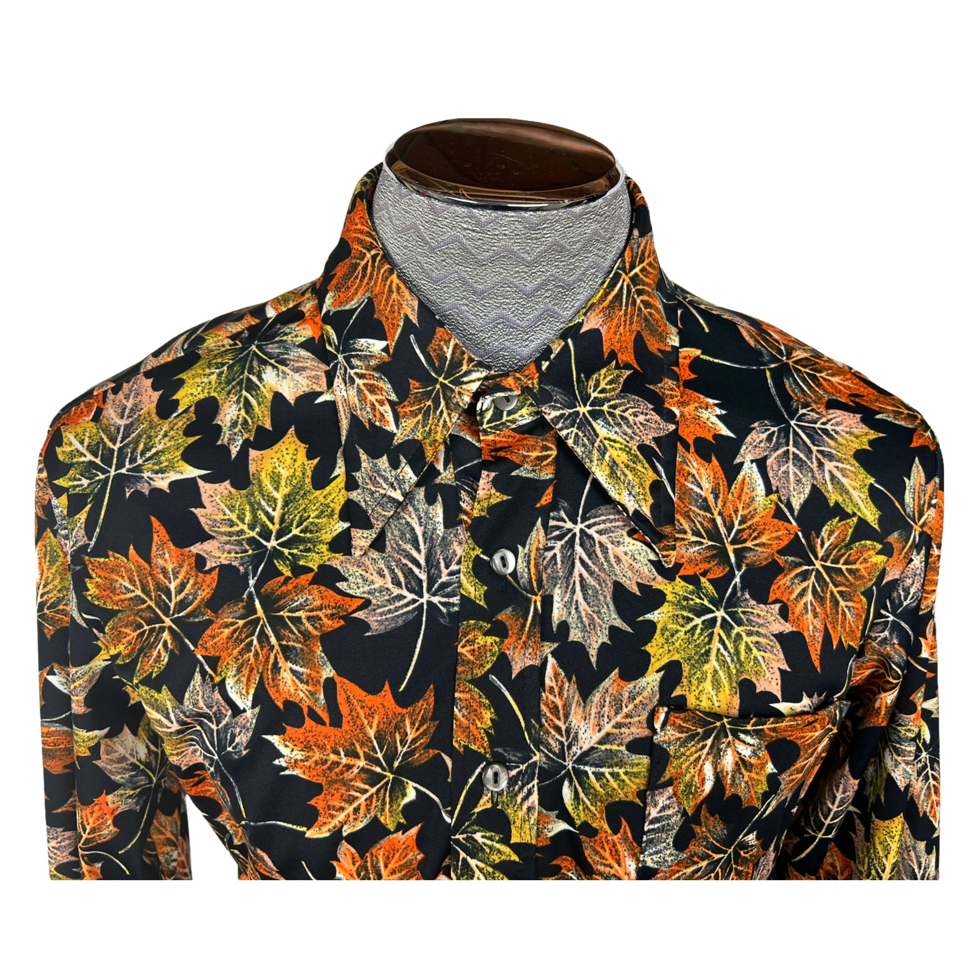 Vintage 1970s Disco Shirt Polyester Maple Leaf Pattern Sz XL