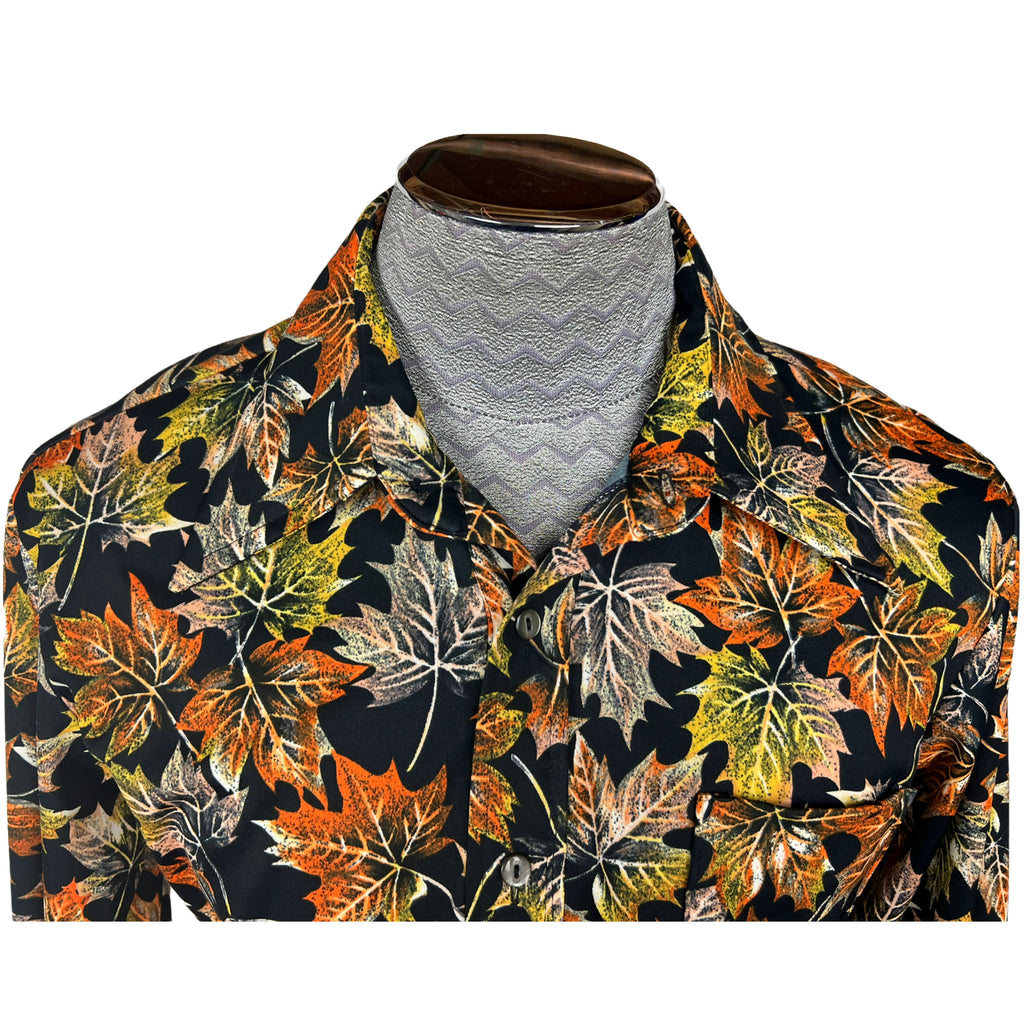 Vintage 1970s Disco Shirt Polyester Maple Leaf Pattern Sz XL