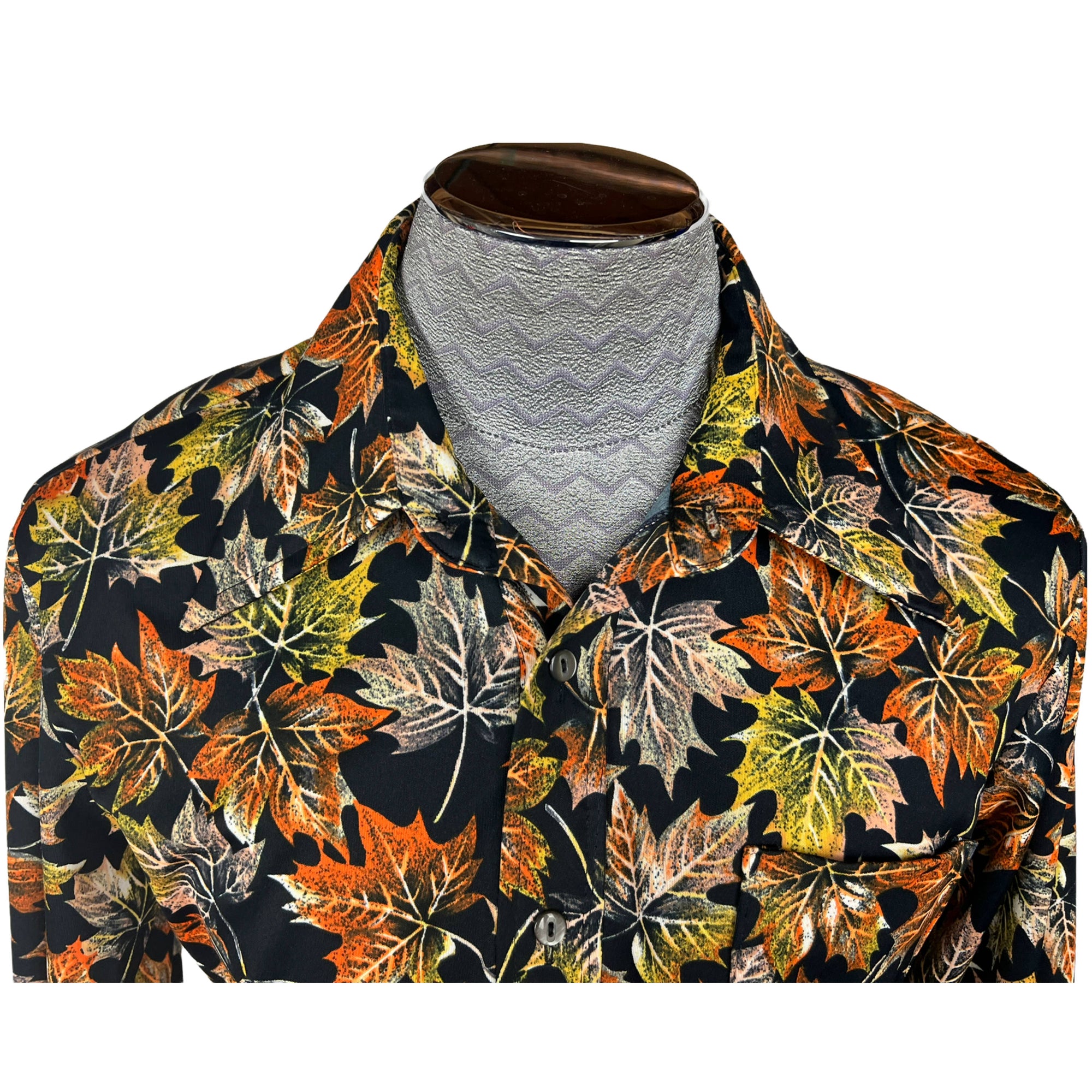 Vintage 1970s Disco Shirt Polyester Maple Leaf Pattern Sz XL