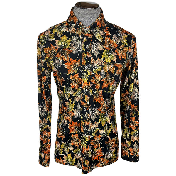 Vintage 1970s Disco Shirt Polyester Maple Leaf Pattern Sz XL
