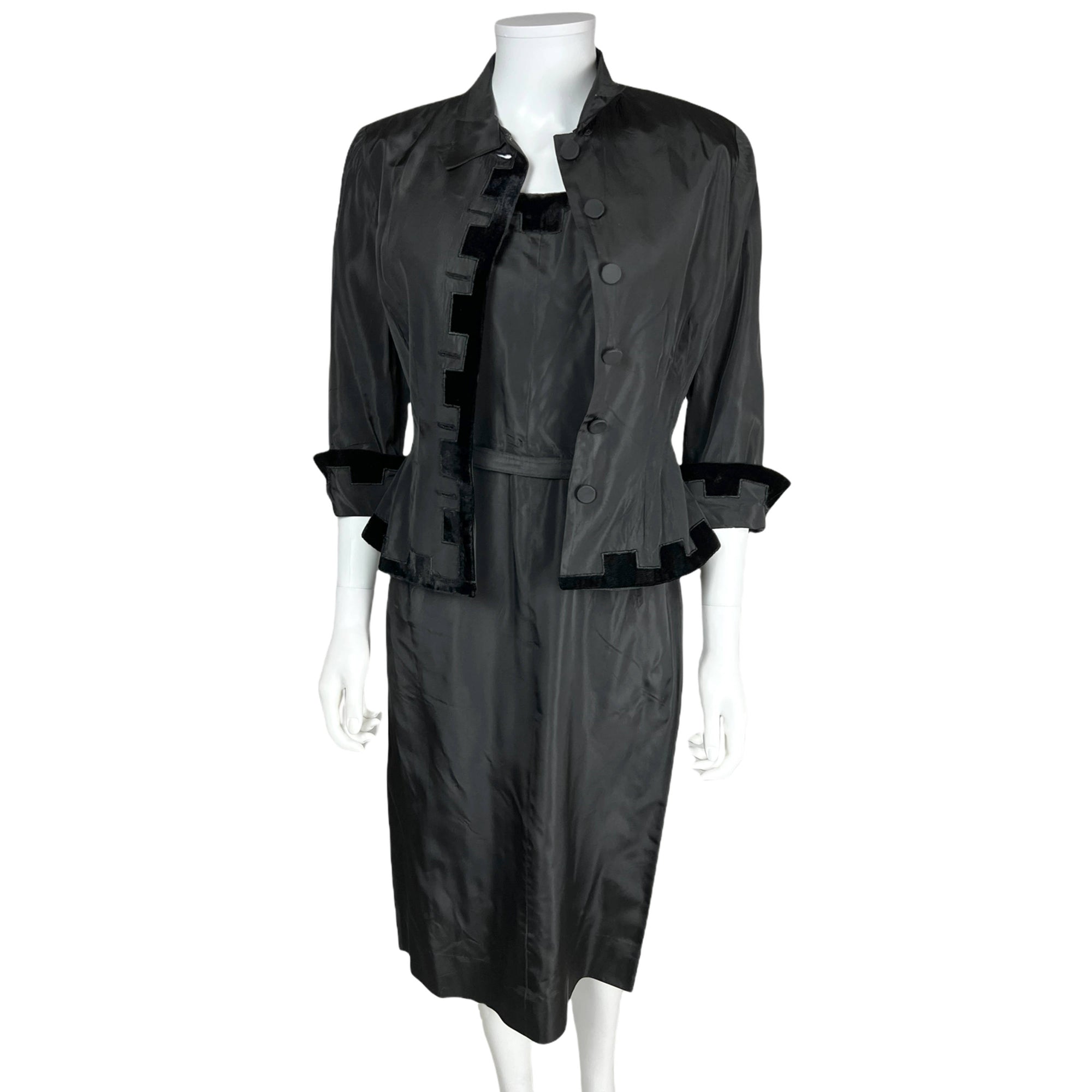 Vintage 1950s Cocktail Dress w Jacket Black Taffeta Size M