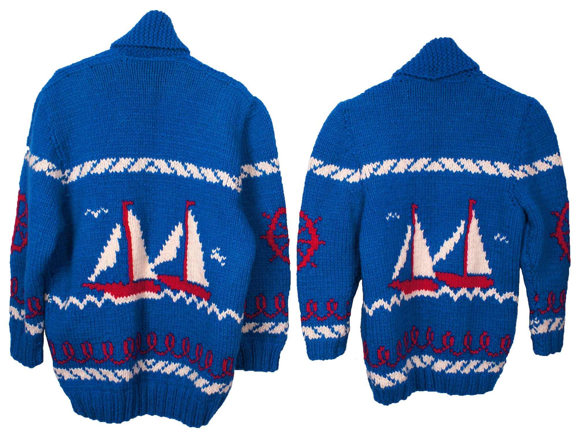 SOLD  - Vintage Mary Maxim Cowichan Sweaters for Father &amp; Son Sailing Time Boat Pattern - Poppy's Vintage Clothing