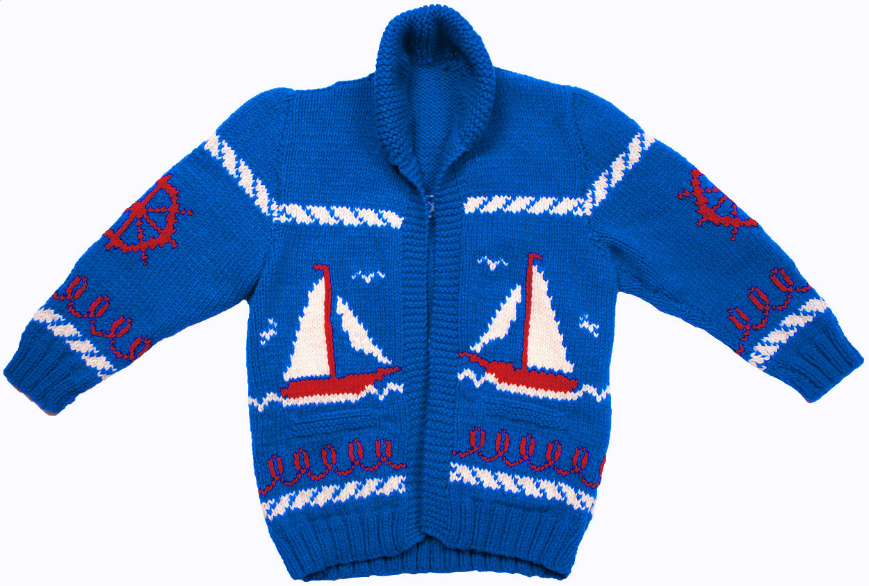 SOLD  - Vintage Mary Maxim Cowichan Sweaters for Father &amp; Son Sailing Time Boat Pattern - Poppy's Vintage Clothing