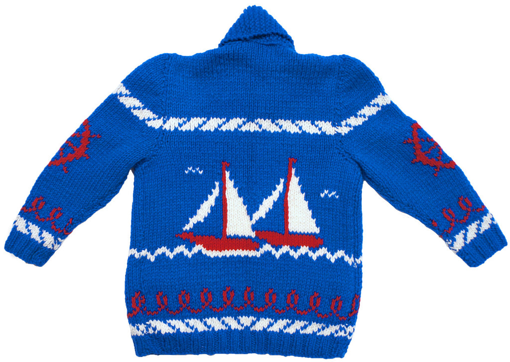 SOLD  - Vintage Mary Maxim Cowichan Sweaters for Father &amp; Son Sailing Time Boat Pattern - Poppy's Vintage Clothing