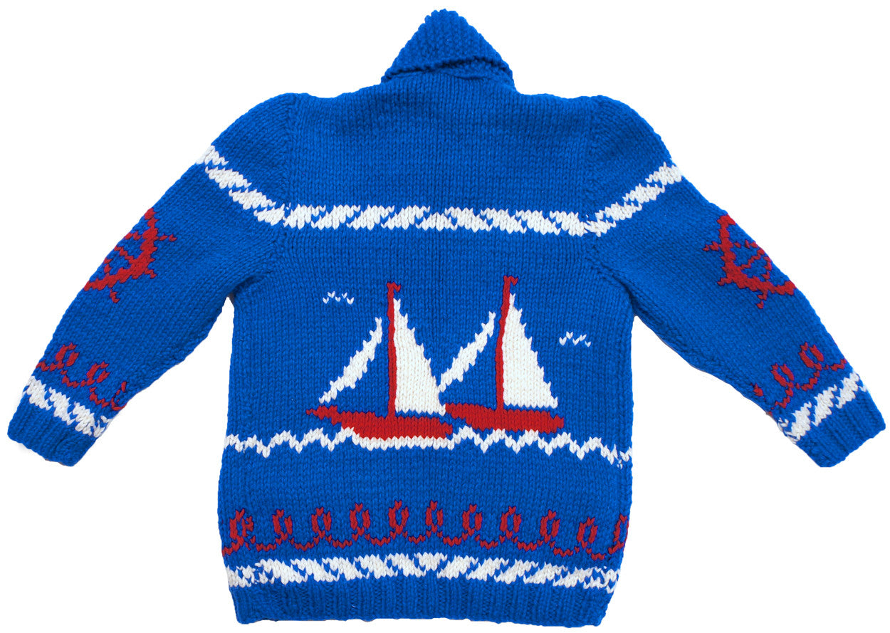 SOLD  - Vintage Mary Maxim Cowichan Sweaters for Father &amp; Son Sailing Time Boat Pattern - Poppy's Vintage Clothing