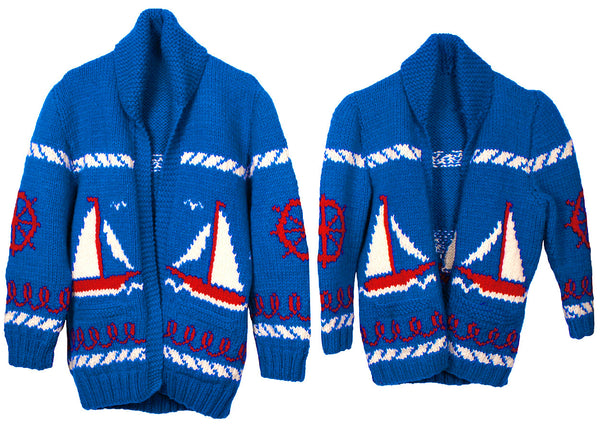 SOLD  - Vintage Mary Maxim Cowichan Sweaters for Father &amp; Son Sailing Time Boat Pattern - Poppy's Vintage Clothing