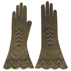 Vintage 1920s Olive Green Leather Gloves - 6 - Poppy's Vintage Clothing