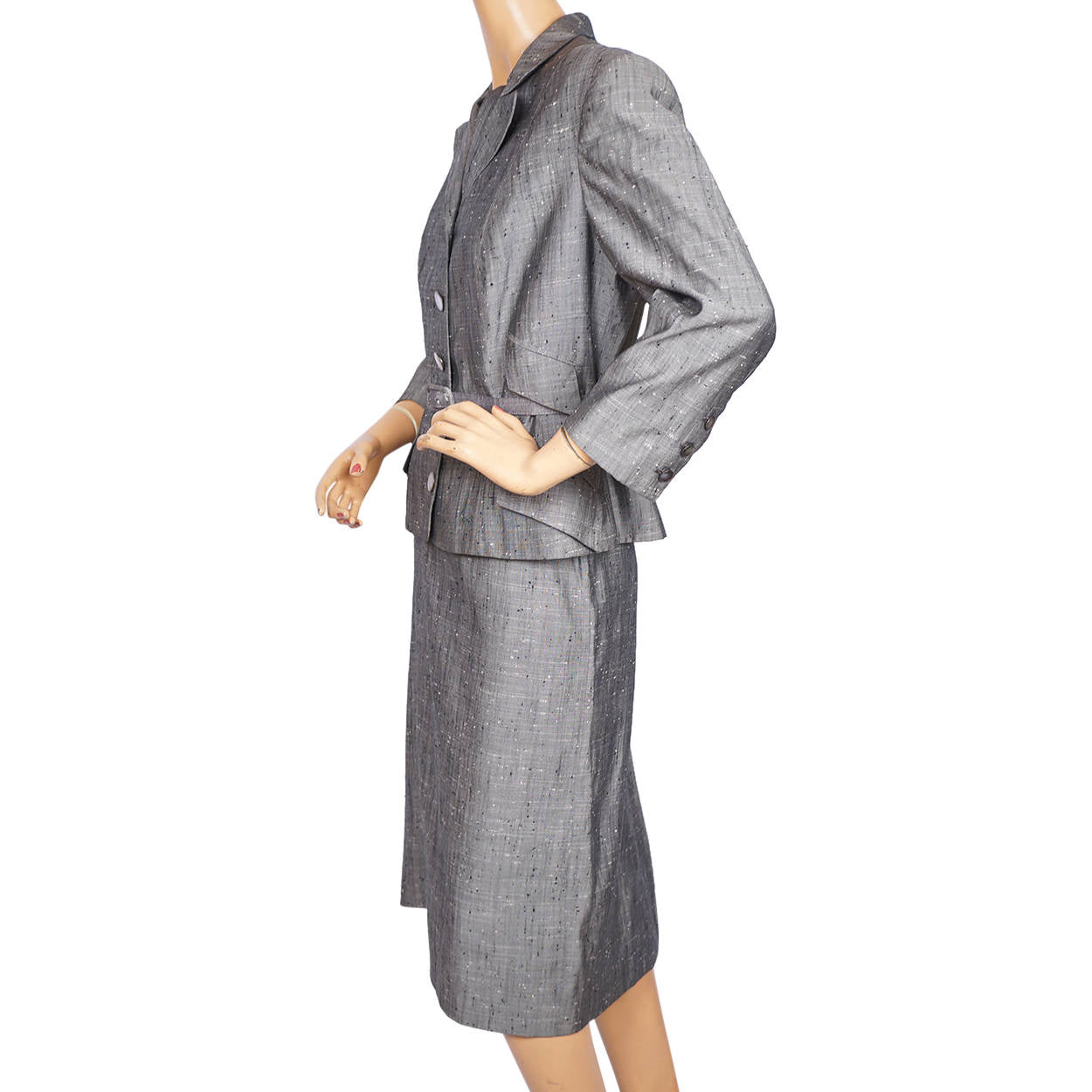 Vintage 1950s Silver Grey Silk Skirt Suit Meme Dysthe Montreal Designer Size M L - Poppy's Vintage Clothing