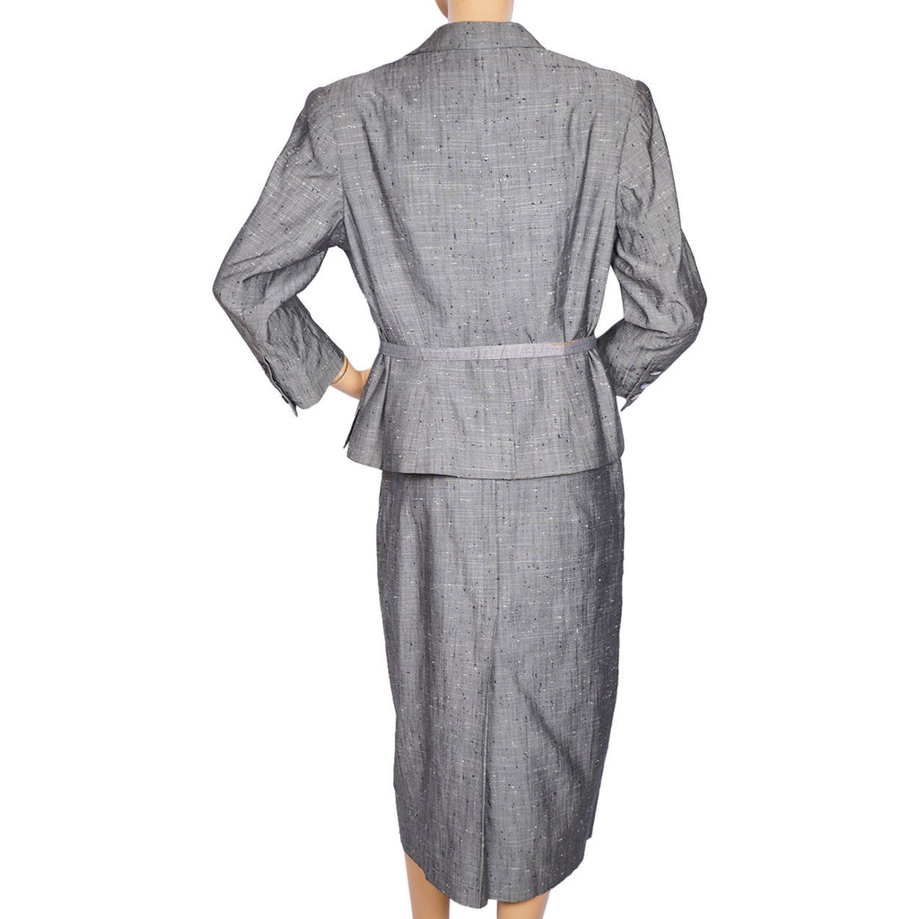 Vintage 1950s Silver Grey Silk Skirt Suit Meme Dysthe Montreal Designer Size M L - Poppy's Vintage Clothing