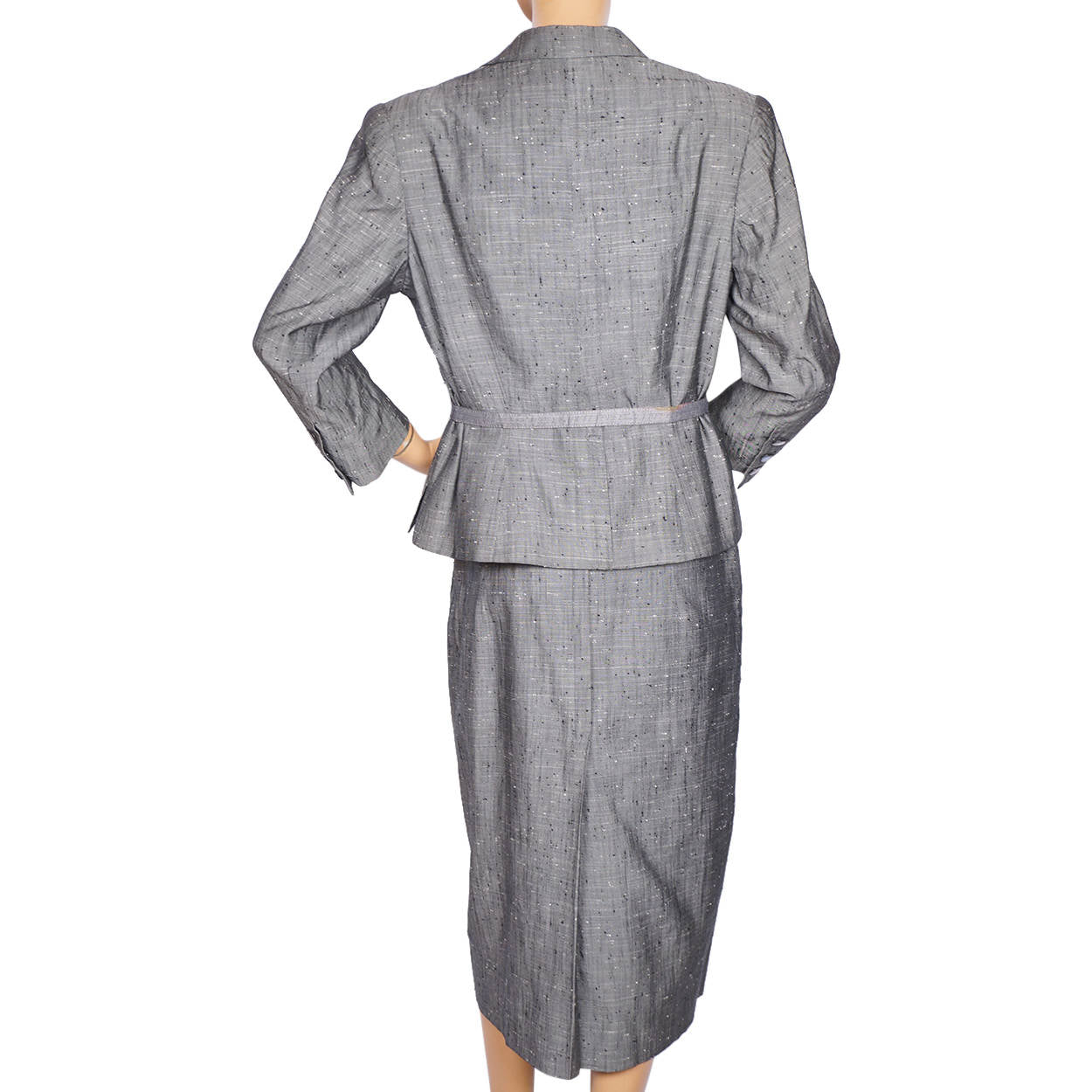 Vintage 1950s Silver Grey Silk Skirt Suit Meme Dysthe Montreal Designer Size M L - Poppy's Vintage Clothing